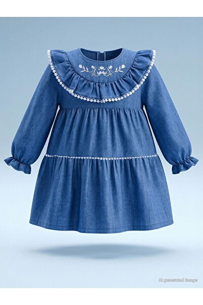 Civil Baby Çiçek Nakışlı 6-18 Ay Elbise - Mavi 12-18 Ay