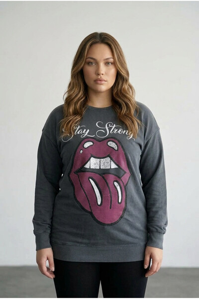 Stil Diva Crew Neck Printed WashaBle Sweatshirt - Sequin Detailed, Large Size...