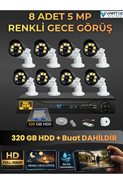 8 Kameralı Set 320 Gb Hdd Full Hd Gece Görüşlü Güvenlik Kamerası Sistemi-Sabit İp Gerektirmez-