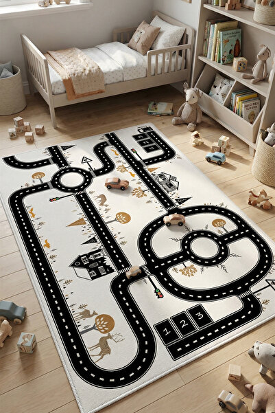 VOPTEKS Beyaz Çocuk Odası Halısı Leke Tutmaz Makinede Yıkanabilir Kaymaz Taba...