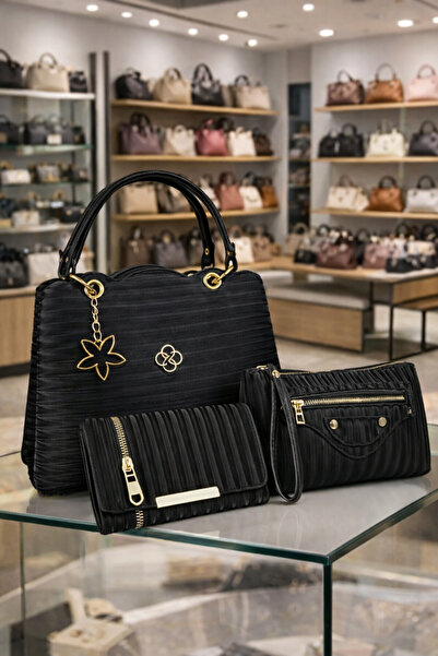 TAKYAKA 3’LÜ KOMBİN OMUZ ÇANTASI BİLEK ASKILI CÜZDAN VE KARTLIK KADIN SİYAH G...