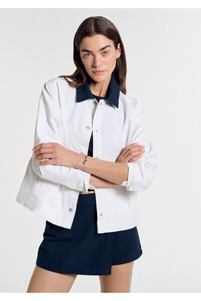 Mavi Yaka Detaylı Ekru İnce Ceket Loose Fit / Bol Rahat Kesim 1211407-80194