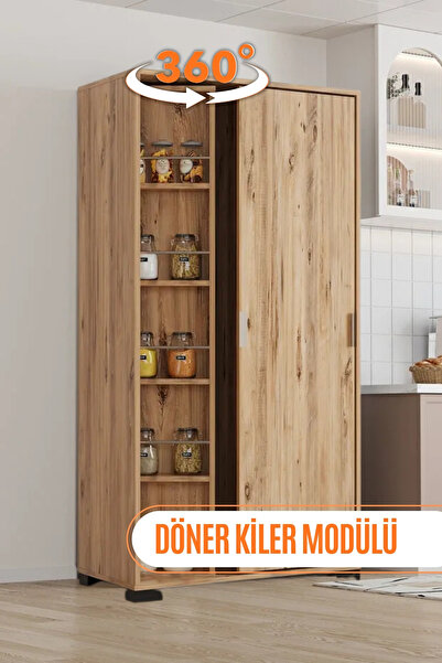 AEKA LUNA Atlantik Çam Döner Çok Amaçlı Dolap – Raflı Mutfak ve Kiler Dolabı
