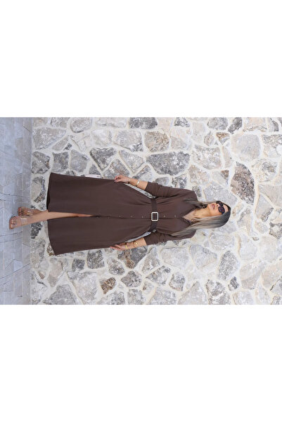 bytugcekaya Coffee Modal fabric Suede Belt piece dress