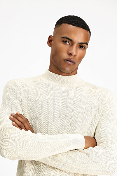 Kiğılı Полу-цип, прилепващ, затегнат, с мотиви, памучен плетен пуловер