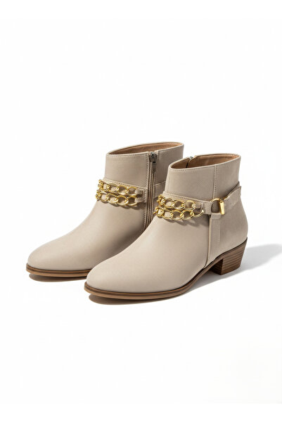 LOVE SHINE Chai Büyük Numara Zincir Detaylı Kısa Topuklu Kadın Bot Şık ve Kon...