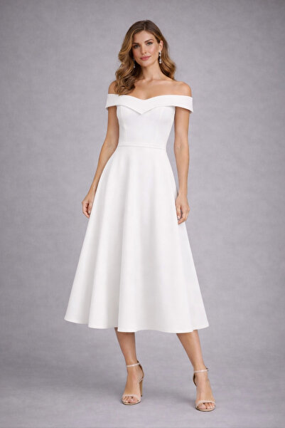 Şayse Design Kayık Yaka Midi Boy Elbise-Mezuniyet,Nişan ve Nikah Elbisesi