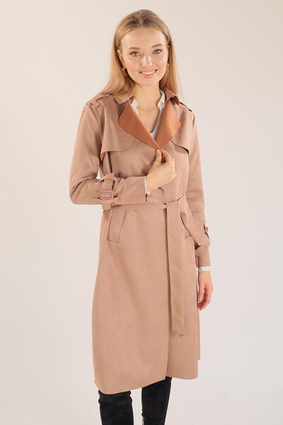 Rays 7275a Bel Bağlamalı Süet Trençkot Vizon