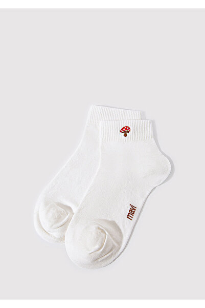 Mavi Mantar Nakış İşlemeli Ekru Soket Çorap 1912755-620