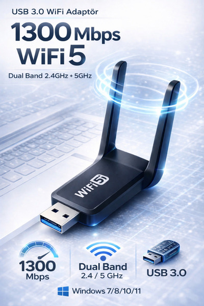 Zineets 1300 Mbps Dual Band Usb 3.0 Adaptör Kablosuz Wifi Alıcı 2.4ghz 5ghz N...