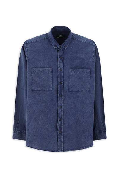 Kiğılı Uzun Kol Regular Fit Desenli Pamuk Düğmeli Yaka Denim Görünümlü Gömlek