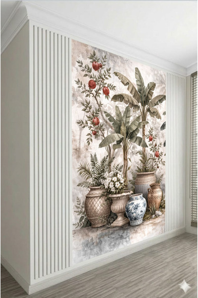 dekoartizan Tropikal Saksılı Duvar Kağıtları. Tekstil Tek Parça Duvar Kağıtları