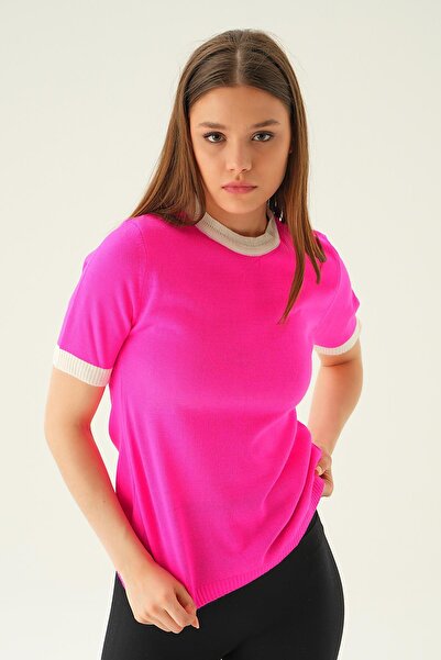 Rays Tricou fucsia cu guler și mâneci în contrast 1442