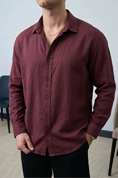Wonraces Men's Burgundy Oversized Pera Long Sleeve Linen Shirt
