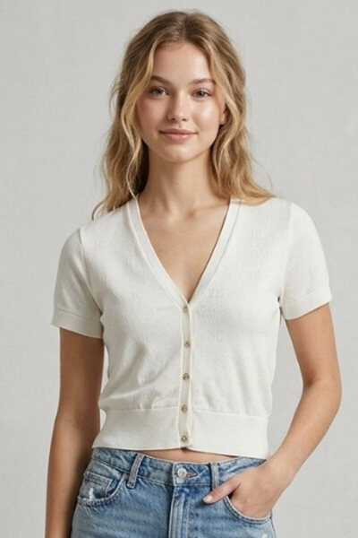 Şiir Vasi Women's Slim Fit Lace-Like Knit Short Sleeve Stylish Buttoned (over...