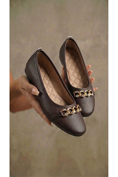 Beyond Women's Brown Leather Ballerinas with Stone Accessories and Chain 1cm ...