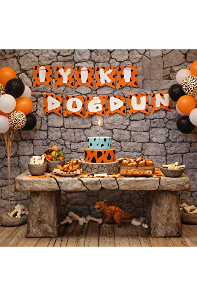mupika Taş Devri İyiki Doğdun Banner Turuncu Siyah Doğum Günü Süs Çakıl-Bamba...