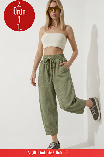 COMBİNE MİCHAİL Kadın Lastikli Rahat Haki Şalvar Pantolon