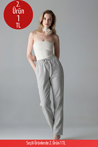 COMBİNE MİCHAİL Kadın Lastikli Rahat Gri Keten Pantolon