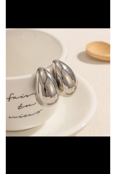 DEVİ fashion Tear Drop Silver Color Earrings 3.5 cm