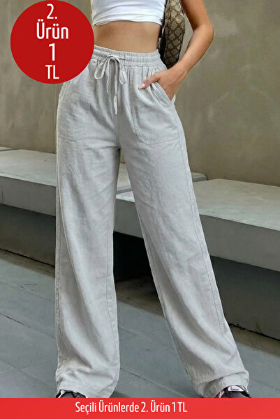 COMBİNE MİCHAİL Kadın Beli Lastikli Gri Keten Pantolon