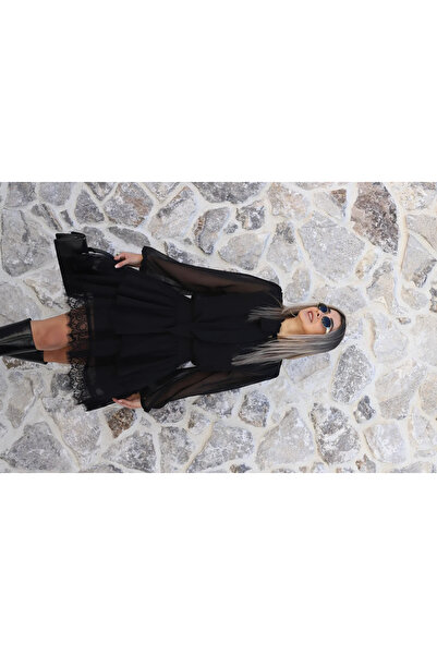 bytugcekaya Rochie neagră din șifon cu tiv de fustă, dantelă piese