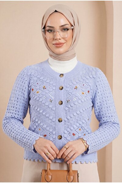 Modamorfo Baby Blue Floral Embroidered Openwork Knitwear Cardigan