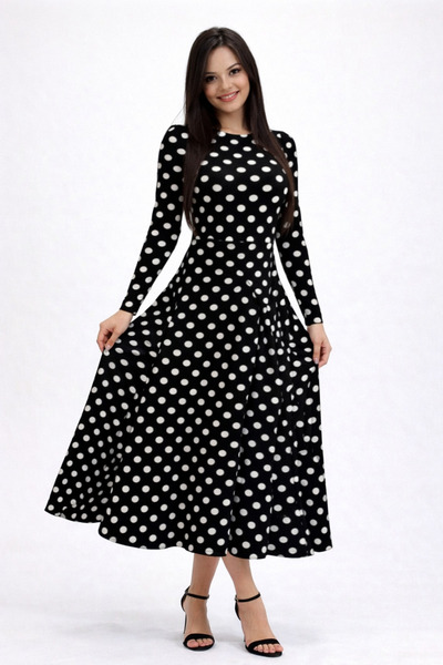 rengamoda Rengastyle Креп плат с дълги ръкави и дължина до земята, рокля с точки