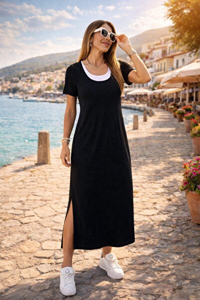 Modayakamoz Kadın Kısa Kollu Yandan Yırtmaçlı Uzun Viskon Elbise