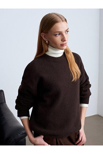Dilvin 10640 Crew Neck Soft Textured Sweater-Dark Brown