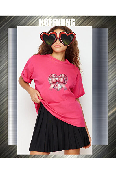 HOFFNUNG Unisex Short Sleeve Round Neck Pink Heart Ribbon Printed Solid Color...