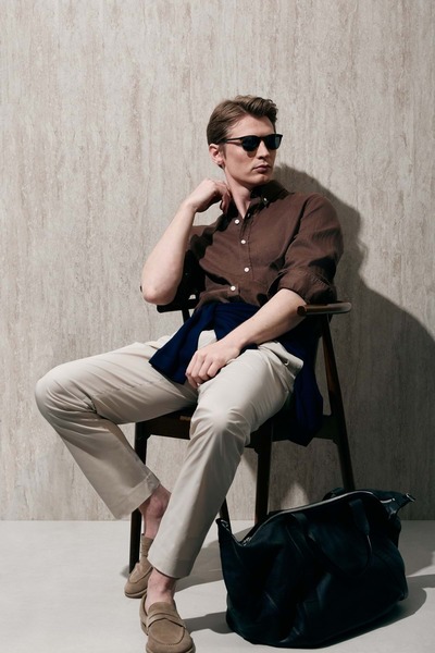 Lufian 111010654 قميص بيتايا للرجال كتان قميص مريح للرجال باللون البني