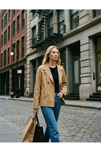 Koton Long Sleeve Buttoned Gabardine Mock Neck Oversized Short Trench Coat