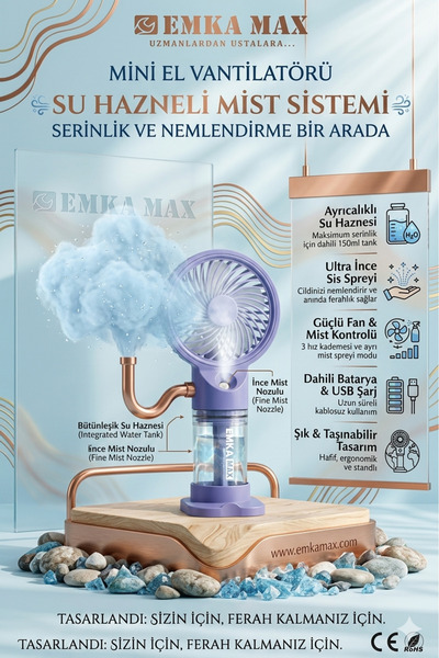 EMKA MAX Sulu Spreyli Mini El Vantilatörü - USB Şarjlı Masaüstü Standlı Soğut...