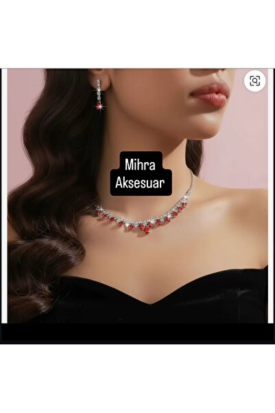 Mihra Aksesuar Kristal Kırmızı Damla Taşlı Özel Yapım Kolye Küpe Seti