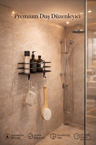 Alper Banyo رف لاصق أسود للحمام والمطبخ مزود بخطافين |   منظم حامل الدش القاب...