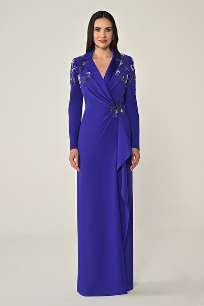 ALFABETA فستان سهرة طويل من الكريب بأكمام طويلة (ألفا بيتا)