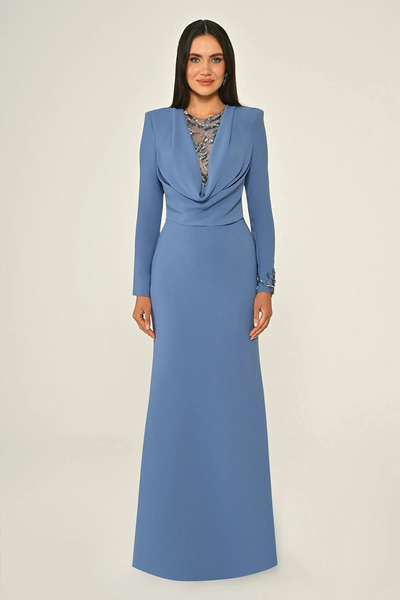 ALFABETA فستان سهرة طويل من الكريب بياقة منسدلة Alfa Beta B7020