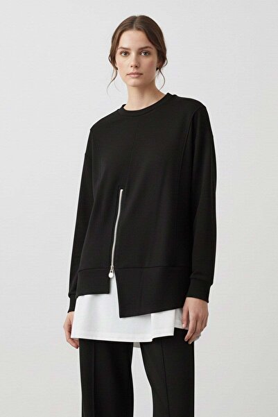 Puane Women's Zipper Detailed Tunic Pants Set-14438Tks - Black