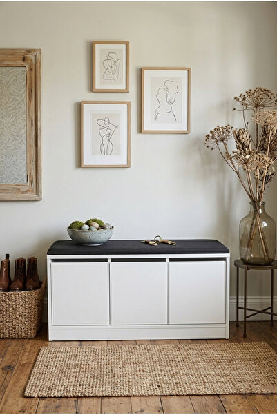 Robin Home Minderli Oturaklı Ayakkabılık 3 Kapaklı Dolap 90cm Beyaz