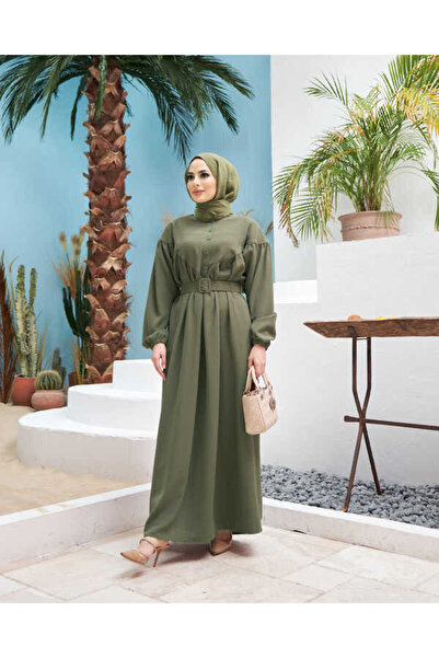 Neways 6586-Krep Büzgülü Elbise Haki