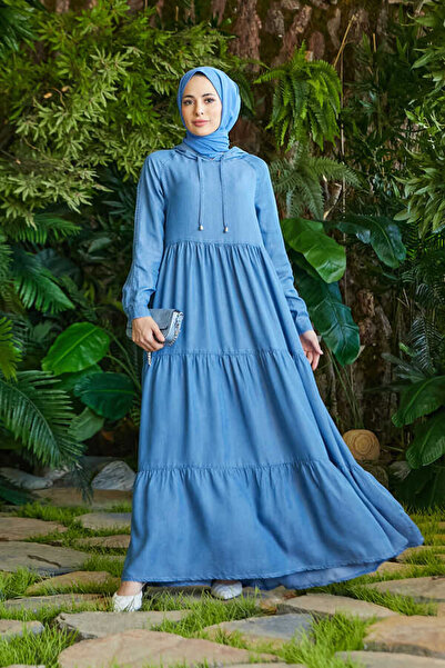 Neways 6531-Denim Hooded Raglan Sleeve Dress Blue