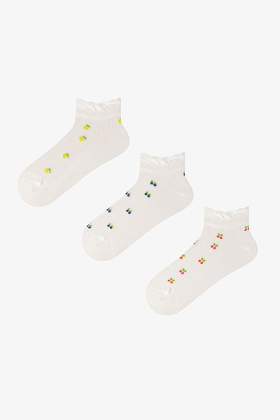 Penti 3 Çift Burun Dikişsiz Pamuklu Meyve Desenli Fırfırlı Patik Çorap
