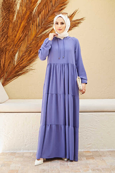 Neways 6531-Krep Kapşonlu Reglan Kollu Elbise Eflatun