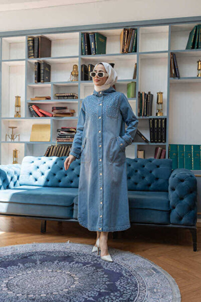 Neways 6329-Taşlı Denim Kapşonlu Kap Mavi