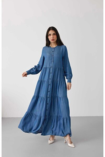 Neways 6556-Denim Düğmeli Büzgülü Elbise Koyu Mavi