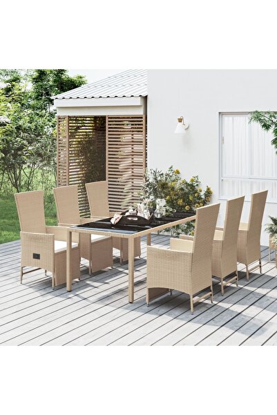 vidaxl 7-piece garden table set with cushions, beige, polyrattan