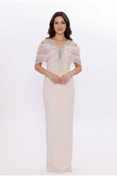 BDM Exclusive Organze Drape Detaylı Taş İşlemeli Premium Abiye Elbise