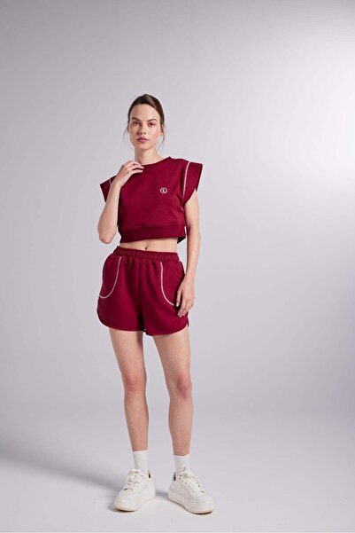 HOLLY LOLLY Beli Lastikli Kontrast Dikişli Mini Rhode Şort Bordo