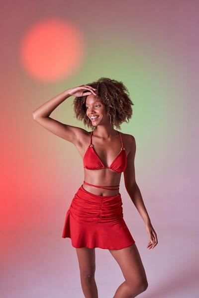 HOLLY LOLLY High Waist Ruched Detail Mini Delphi Skirt Red